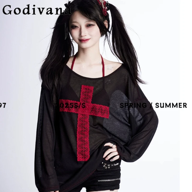 

Spring Summer New Sexy Off-shoulder Slightly Transparent Black Blouse T-shirt Women Fashion Loose Long Sleeve American Tops