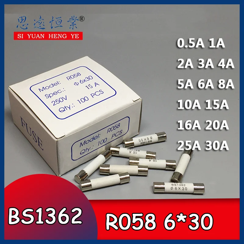 100ชิ้น/กล่อง Fast Fusible เซรามิคฟิวส์6X30มม.R058 250V 0.5A 1A 2A 3A 4A 5A 6A 8A 10A 13A 15A 20A AMP ฟิวส์หลอด