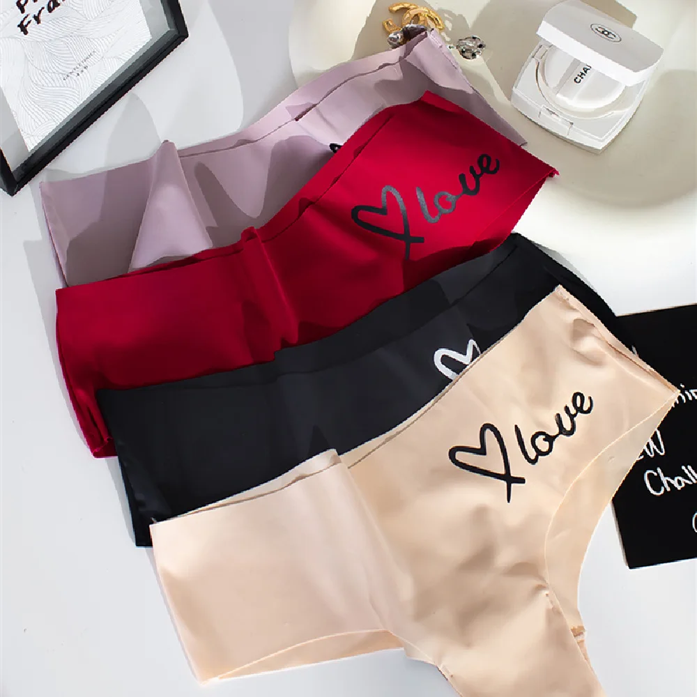 Sexy Panties for Women Silk Seamless Women's Underwear Letter Love Lovely Briefs Ladies Soft Low-Waise Lingerie Thongs Tangas