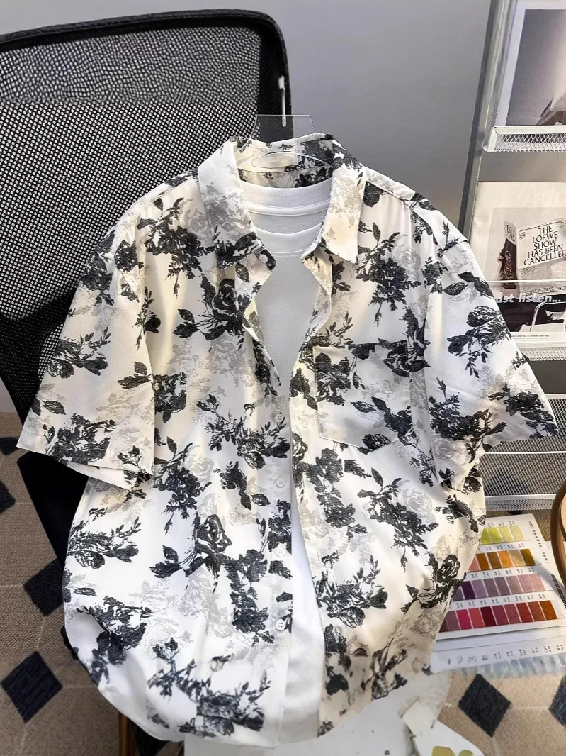 

Рубашка с розой, окрашенная в чернилах, мужская летняя американская гавайская рубашка из ледяного шелка с короткими рукавами и половиной рукавов