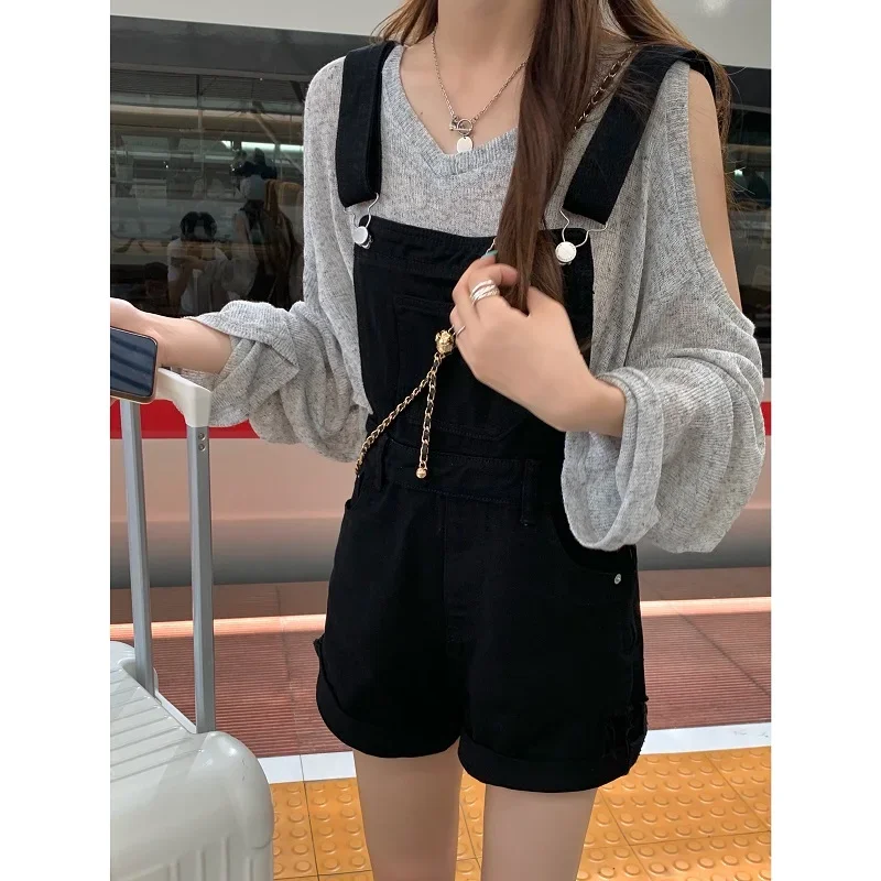 

Джинсовые комбинезоны женские винтажные повседневные простые корейские модные шикарные уличные комбинезоны для колледжа летние милые универсальные с высокой талией в консервативном стиле