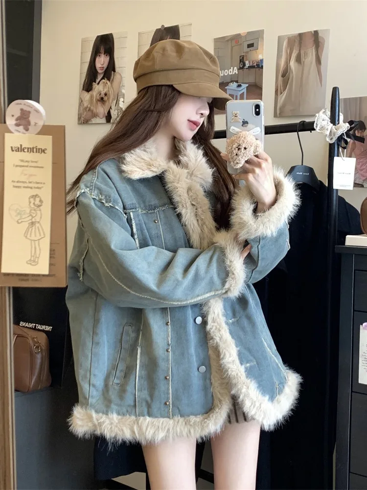 

Denim Coats Woman Diamond Fur Plush Womens Autumn Pleated Adjustable Standneck Slim-Fit Preppy Style School Outwears Checked Y2K