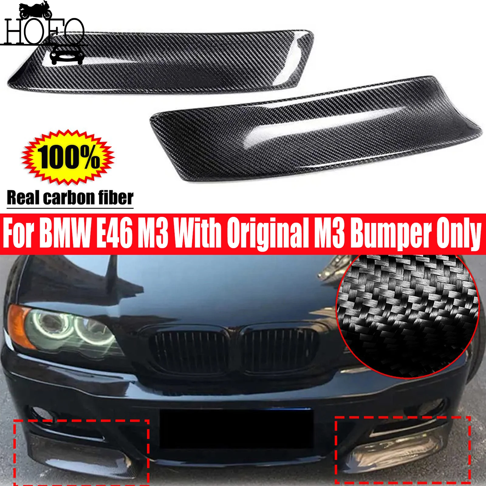 

2pcs Real Carbon Fiber Front Splitter Bumper Lip Spoiler For Bmw E46 M3 1999-2006