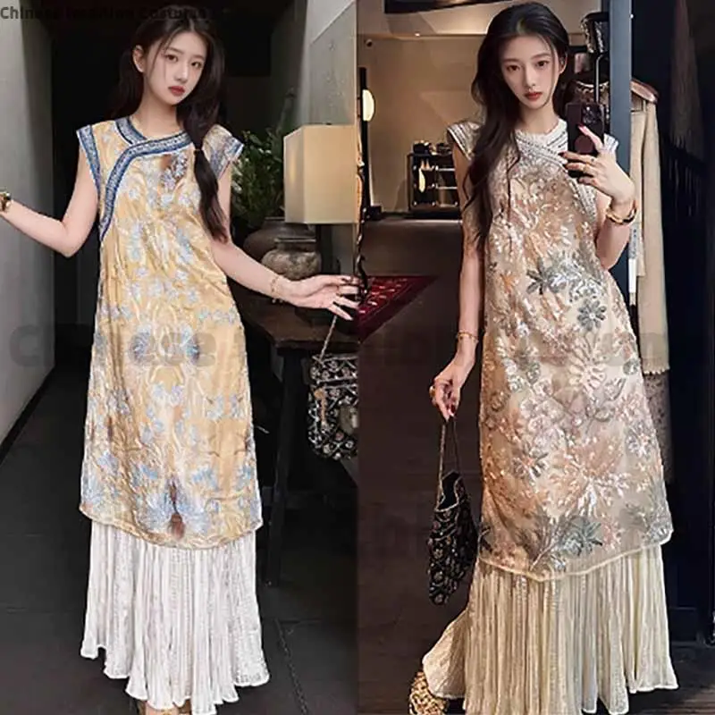 Chinese Style Improved Embroidery Elegant Qipao Summer New Splice Round Neck Cheongsam Dress Vintage Sleeveless Vestidos