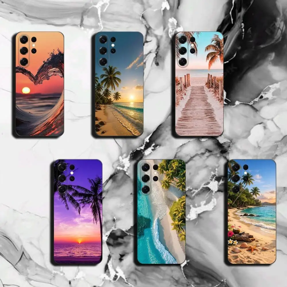 Sea Tropical Palm Trees Beach for Samsung S26 25 24 23 22 21 Ultra Case Liquid Silicone Soft Shell Plus