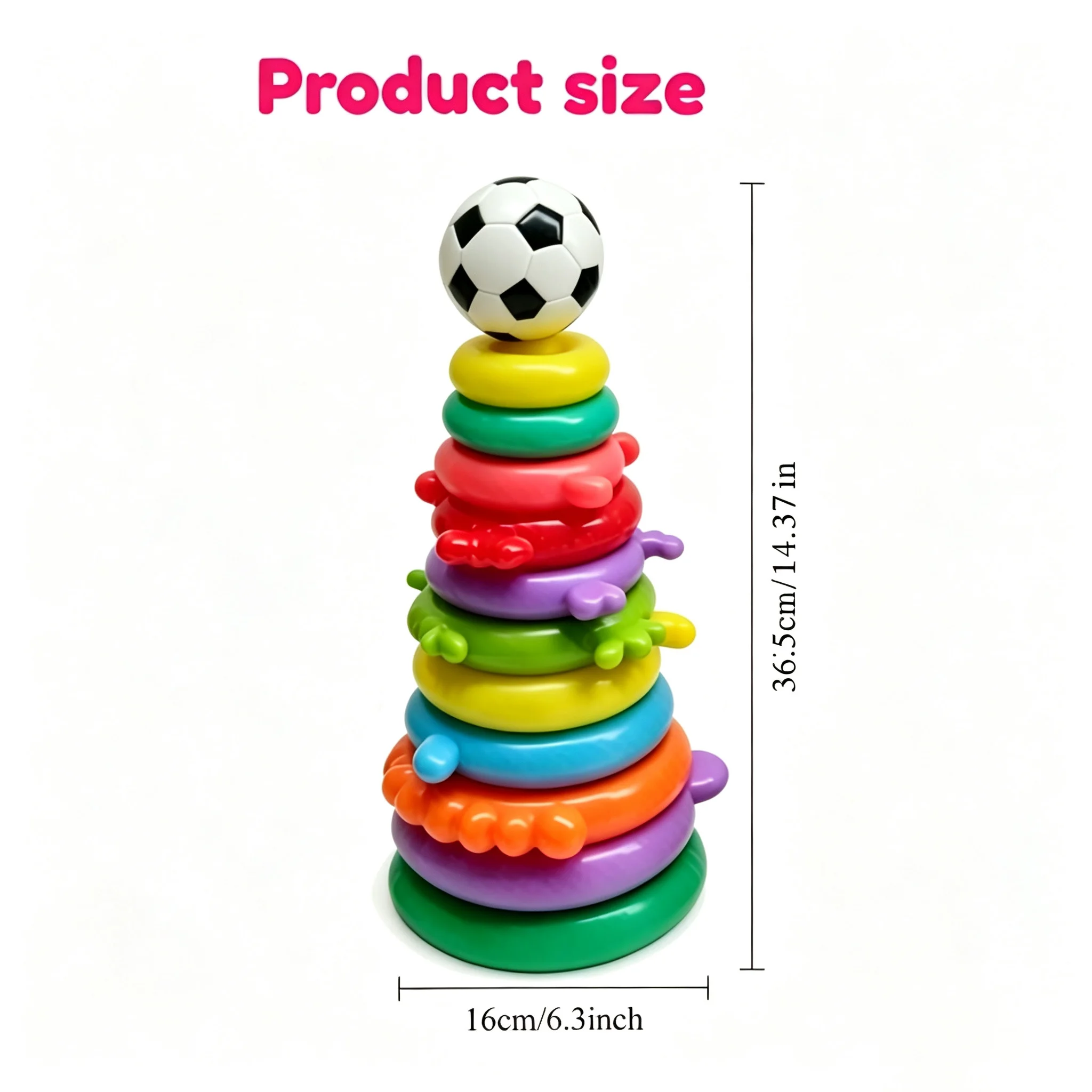 Rainbow Stacking Tower Montessori Toy 11‑Layer Baby Stacking Rings with Soccer Ball Top Smooth Edge Toddler Educational Toy Impr