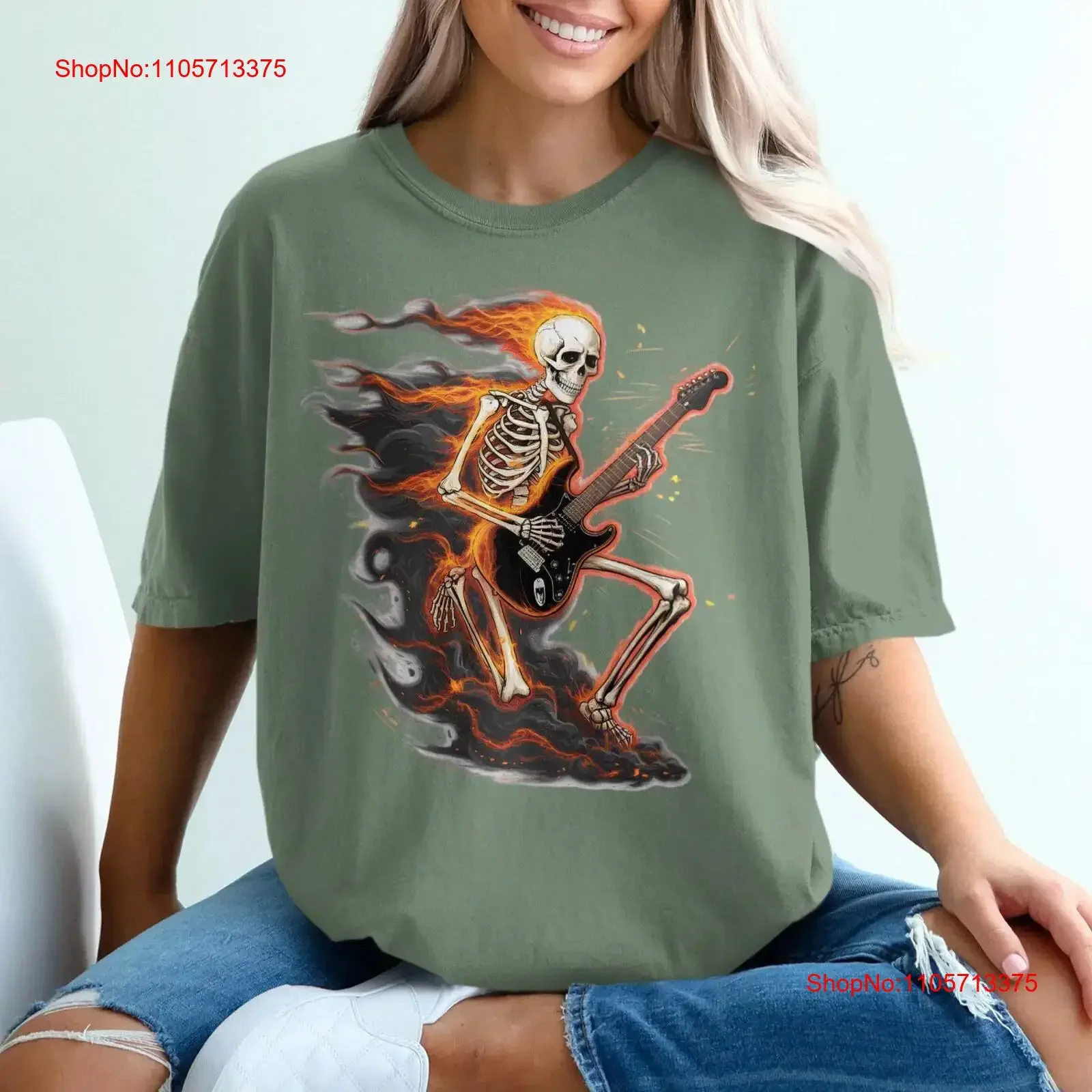 Skelton Guitarist Flame Art Unique Musician T Shirt Instrumental Fire Skeleton Playing Guitar Rock Band vintage Washed