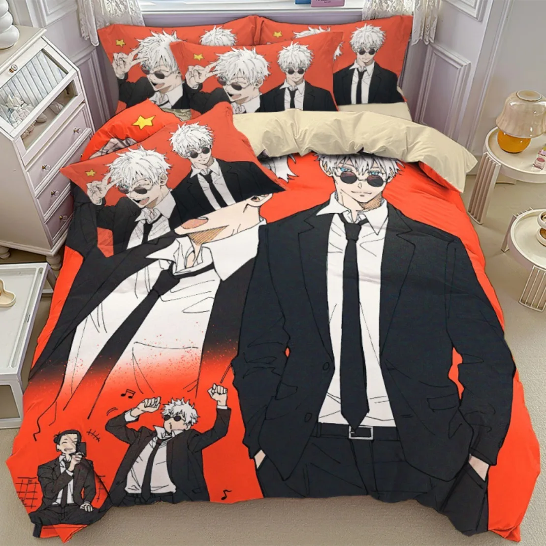 Juego de cama japonés famoso Gojo Satoru, funda nórdica de Anime Jujutsu Kaisen, decoración de funda de almohada para niños y adolescentes, regalo de vacaciones