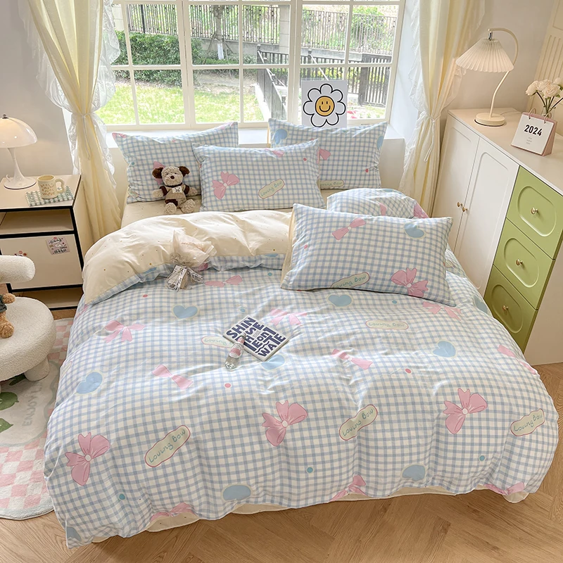 

Cotton Kawaii Pink Bowknot Duvet Cover Girls Room Decor Breathable Comforter Cover with 2 Pillowcases Blue Plaid Striped Bedding