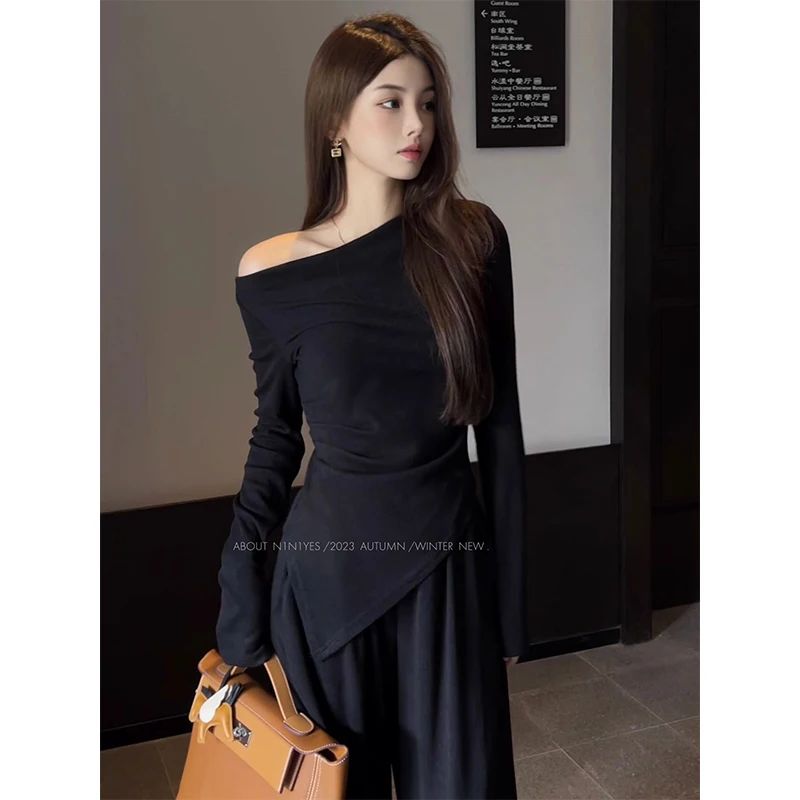 Women Autumn Winter Fashion Irregular Slim Solid Color Slash Neck Long Sleeve Warm Bottoming Shirt Ladies Trend All-match Tops