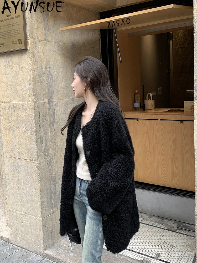 AYUNSUE 2025 New Shearling Jacket Woman Natural Wool Luxury Jackets for Women Clothes Mid Length Fur Jacket Fashion Abrigo Mujer