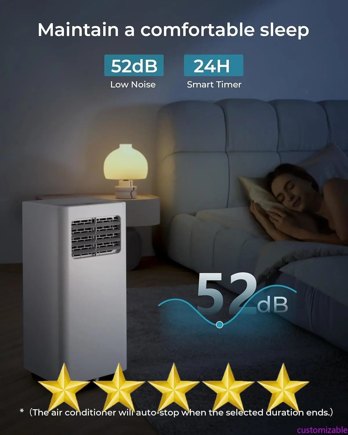 Aires acondicionados portátiles personalizables de 10000 Btu, CA portátil 4 en 1 con frío, seco, ventilador, modos de suspensión y acondicionadores de habitaciones
