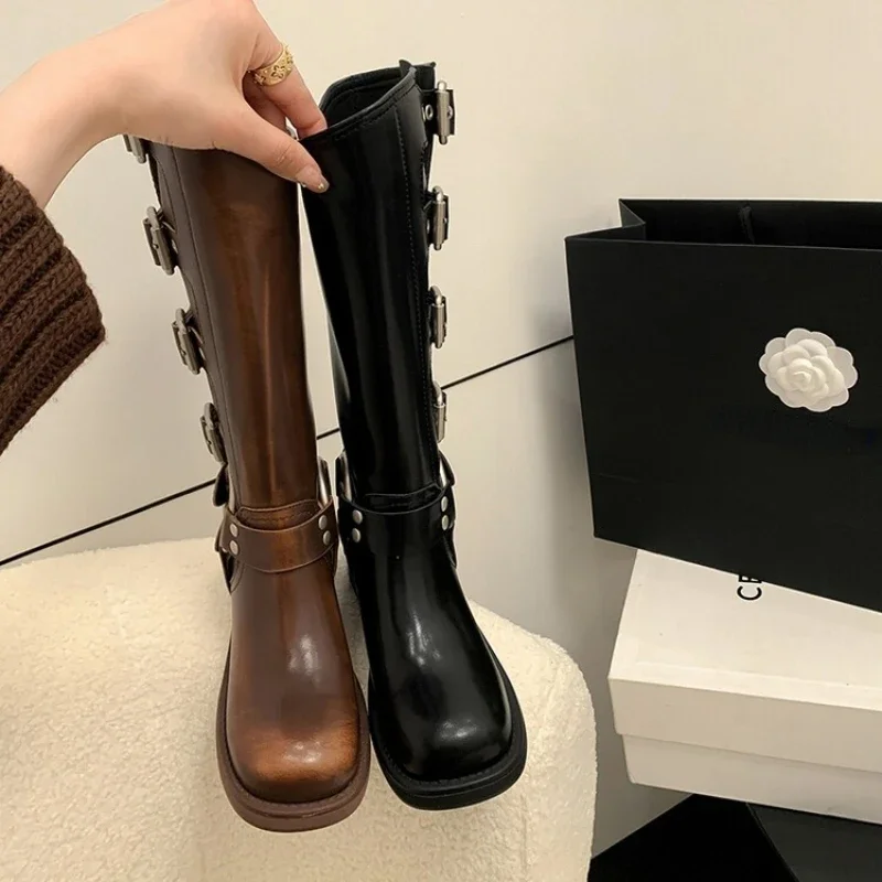 Platform Combat Boots Zip Chuny Heel Buckle Vintage Fashion Casual Luxury Designer Western Mid Calf Boots Shoes Woman