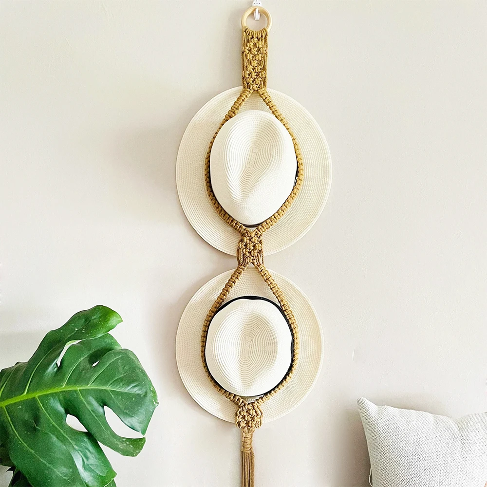 Handmade macrame boho style macrame hat holder for wall hanging double layer hat holster on wall storage hanging
