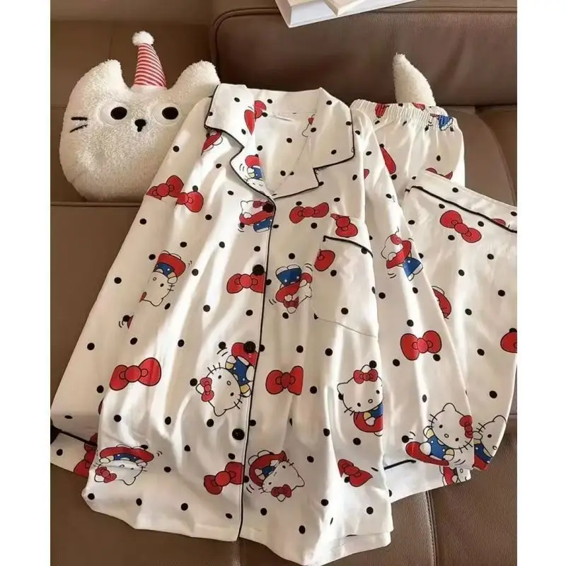 

Женская домашняя одежда с длинными рукавами и мультяшным принтом Hello Kitty, на флисовой подкладке, с леопардовым принтом, для студентов, для отдыха, осенне-зимний комплект в стиле аниме