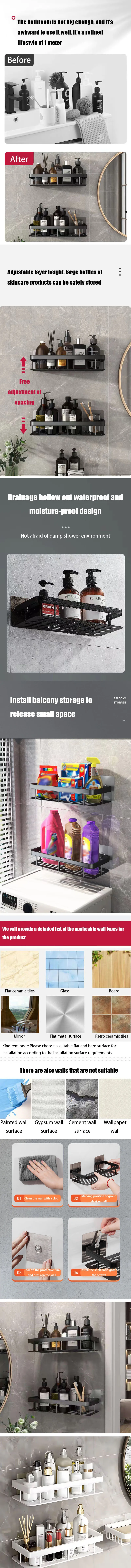 1/2/3 stücke Kein Bohrer Wand Bad Regal Aluminium Legierung Shampoo Rack Make-Up Lagerung Organizer Dusche Regal bad Zubehör – Detail 1