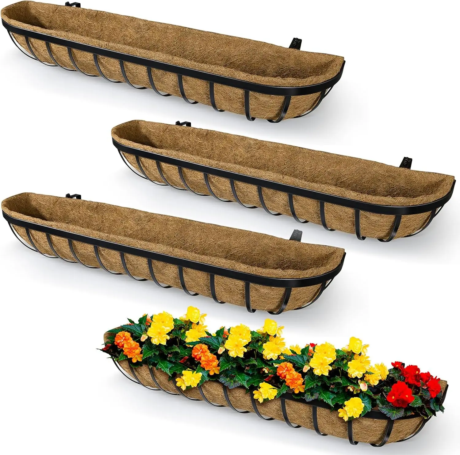 

4-Pack 24-Inch Metal Railing Planter Boxes with Coconut Liner for Balcony Fence Porch