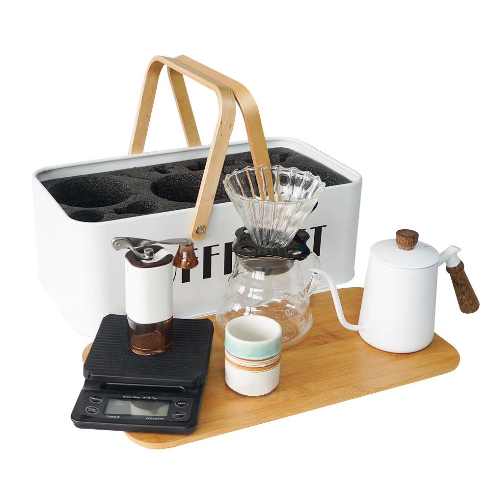 Outdoor Pour Over Coffee Maker Set with Kettle, Manual Grinder, Filters Scale, Metal Gift Box, Camping, Traveling