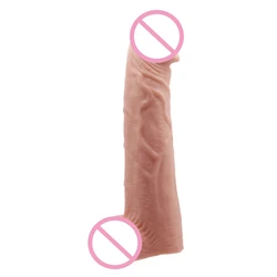 Strapon Penis Enlargement Condom Reusable With Scrotum Ball Stretcher Hollow Realistic Dildo 6cm Penis Enlarger Sex Toys For Men