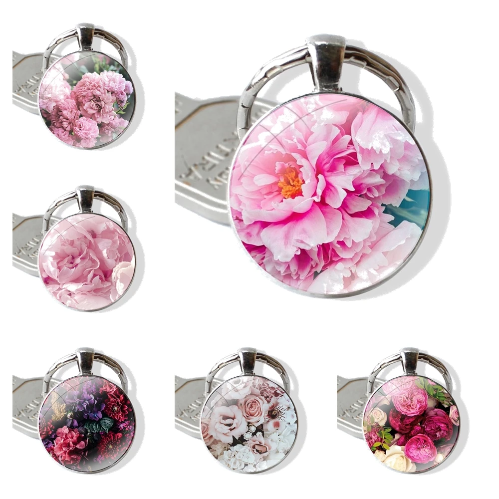 Keychain Handmade Glass Cabochon Key Ring Holder Pendant Key Chains Nature and flowers Peony Rose