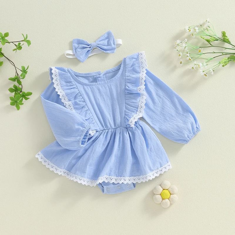 Romper de manga comprida das meninas do bebê com arco Headband, vestido de renda, macacão gola redonda, outono