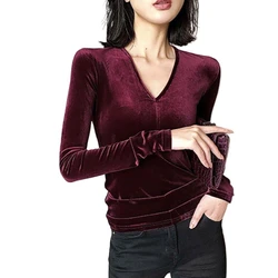 Women Spring V-Neck Velvet Shirts Casual Long Sleeves Tops Slim Fit Shirt Female Fall Clothing 2025 Wine Green Blue Purple