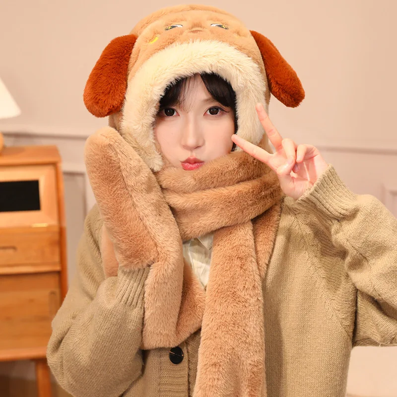 ชุดหมวก ผ้าพันคอ ถุงมือ 3-in-1 สำหรับผู้หญิง ผ้าพลัฌขนสัตว์สำหรับฤดูหนาว ผ้าคลุมศีรษะแบบมีฮู้ดสำหรับสุนัขและแมว ผ้าพันคอขนฟู อุปกรณ์เสริมสำหรับกันหนาว เหมาะสำหรับเล่นสกีและสโนว์บอร์ด