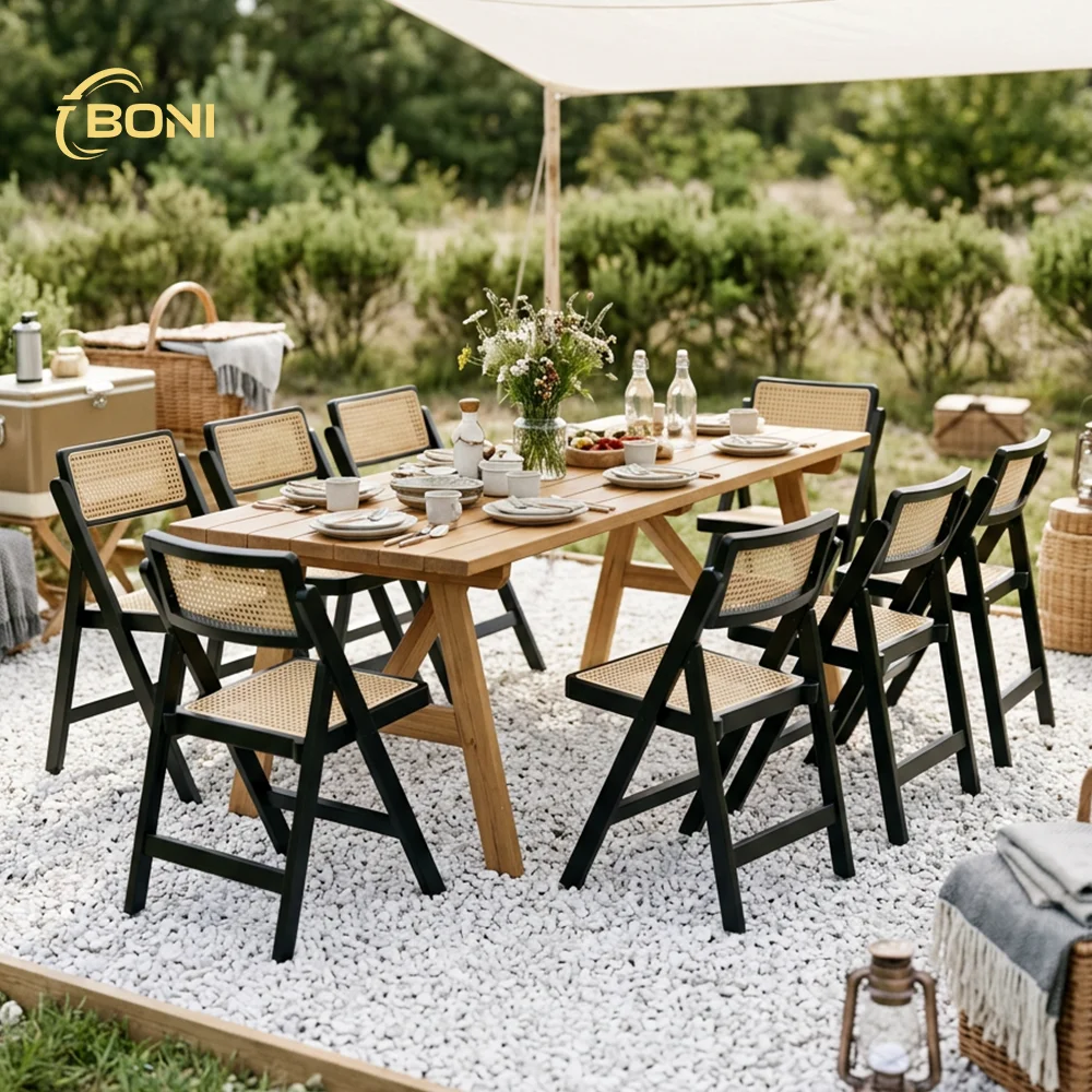 French Bistro Style Foldable Rattan Hotel Chair Solid Wood Woven Wicker Event Banquet Restaurant Nordic