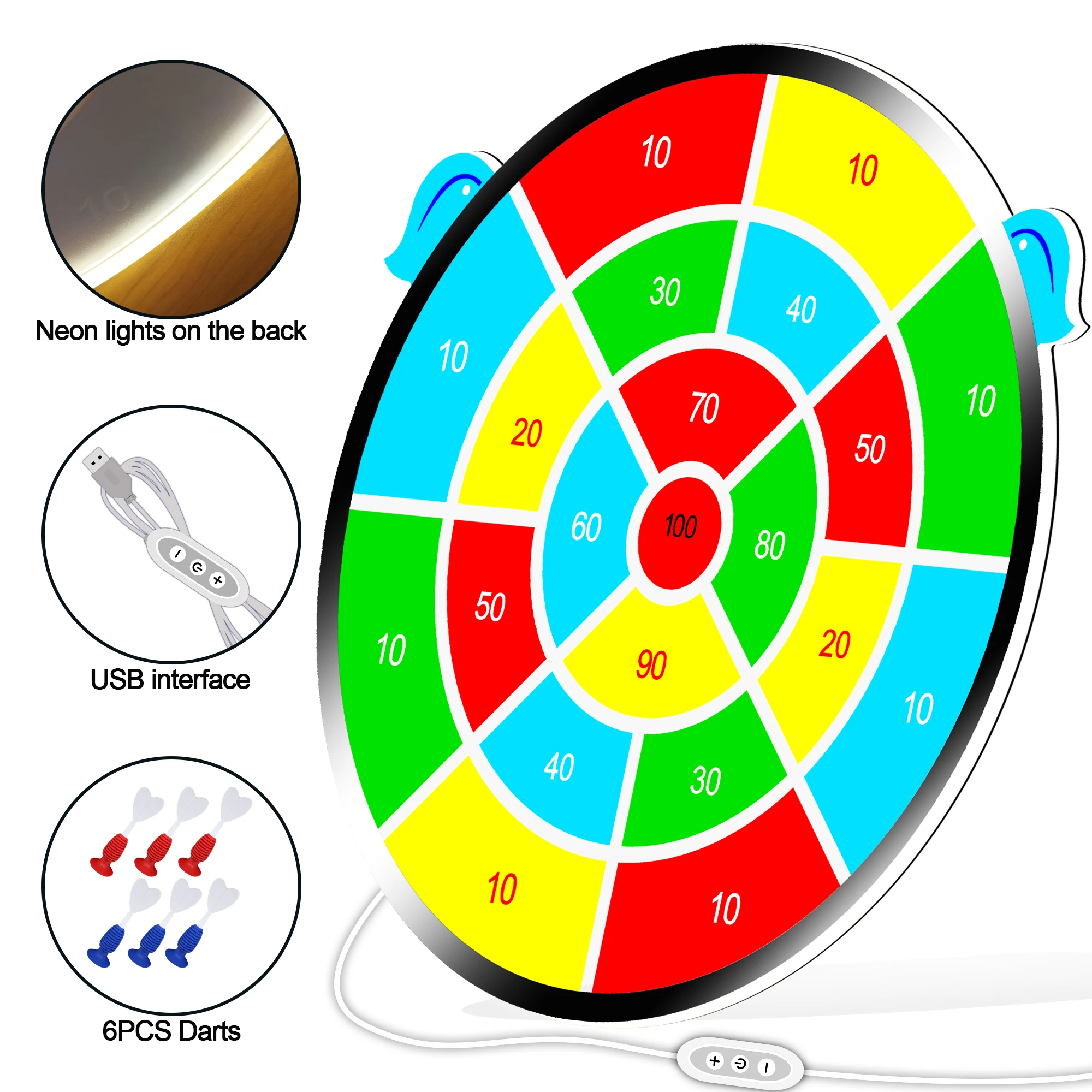 15 นิ้ว LED Illuminated อะคริลิค Dartboard รอบทิศทางพร้อมชุดซ่อมและ 6 Sucker Dart - Lighted Practice Dart Board