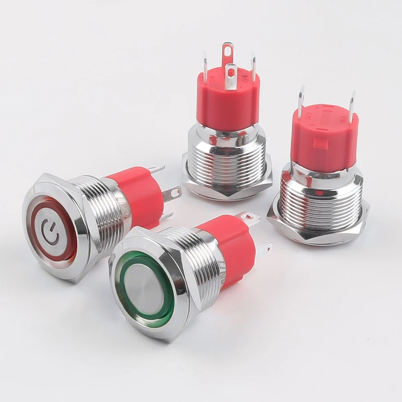 

19MM Metal Push Button Switch 10A High Current Latching Momentary With LED 1NO 4Pins Flat Head High Head Switch
