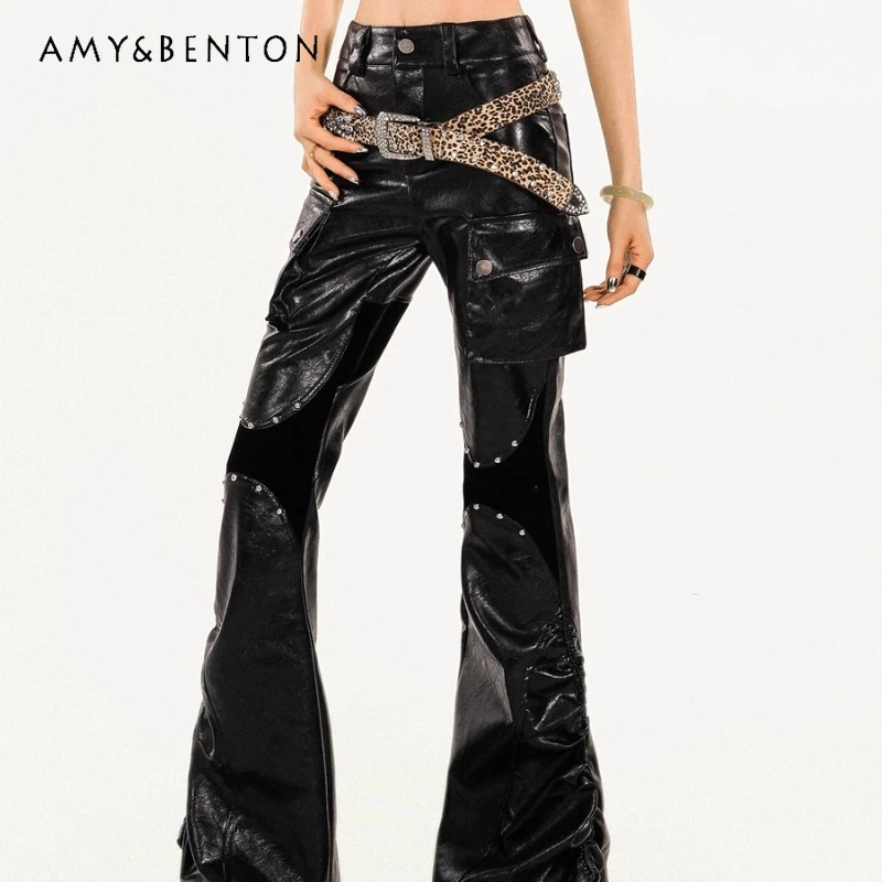 

American Retro Design Hot Girl Fashion High Waist Women's Bell-bottoms 2025 Autumn New Gothic Dark PU Leather Long Pants Ladies