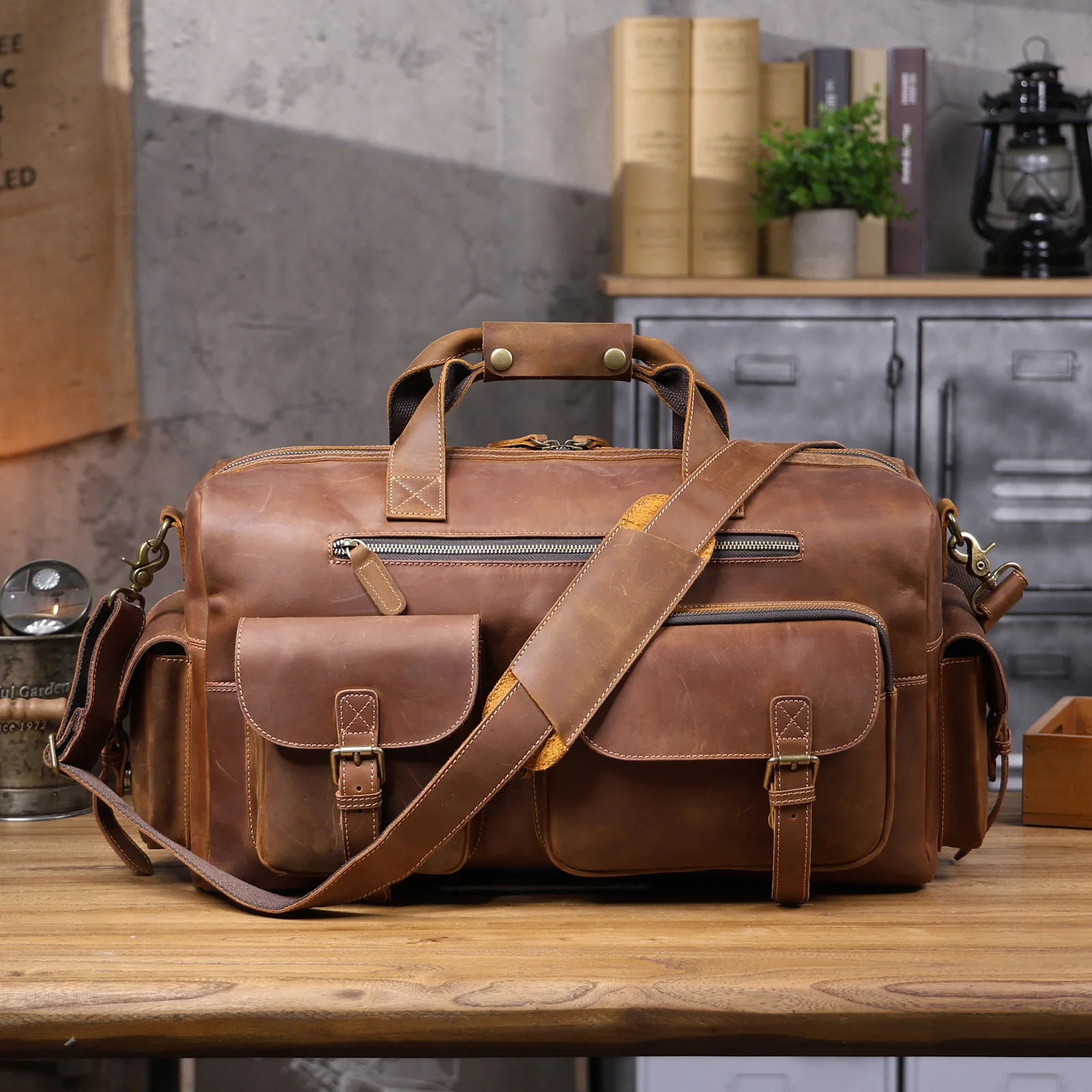 S.WORKER Vintage Vollnarbiges Rindsleder Reisetasche Große Kapazität Handgepäck Echtleder Weekender-Tasche – Detail 21