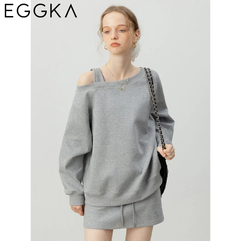 EGGKA Loose Solid Long-sleeved Strapless Sweatshirts Women\'s Drawstring Sport Mini Skirt Korean Fashion Autumn Casual Suit Gray