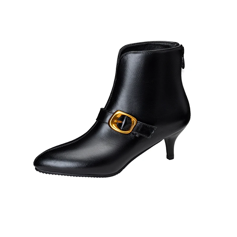 

Elegant Ankle Boots for Women Pointed Toe Spike Heels Short Booties Leather V-Shaft Opening Buckles Footwear 32-48 Size Range