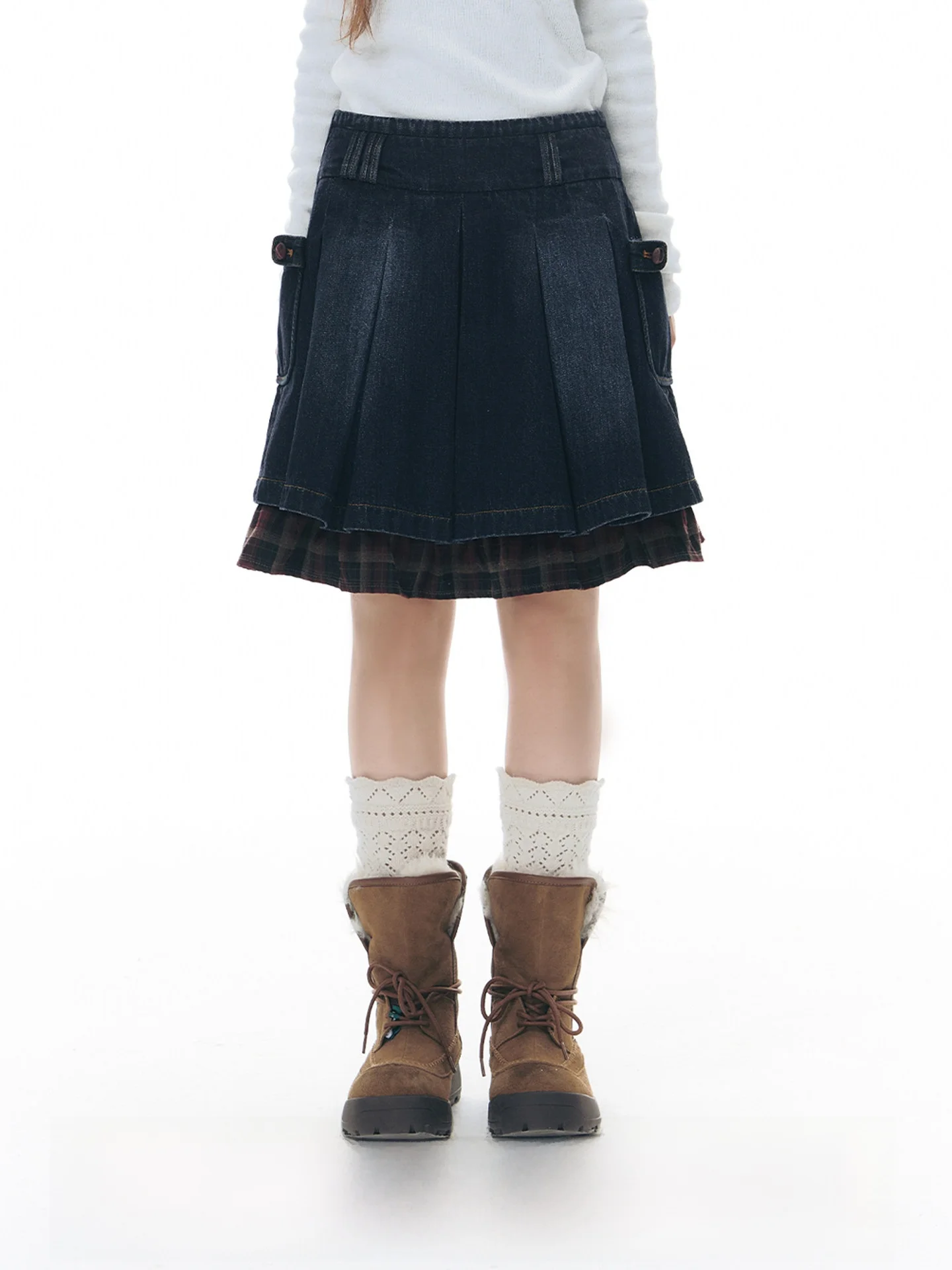 NAPSNAPS Original Patchwork Red Grid Denim Skirt Women's Spring New Wide Waist Design Half Skirt Pleated Skirt Cotton Casual
