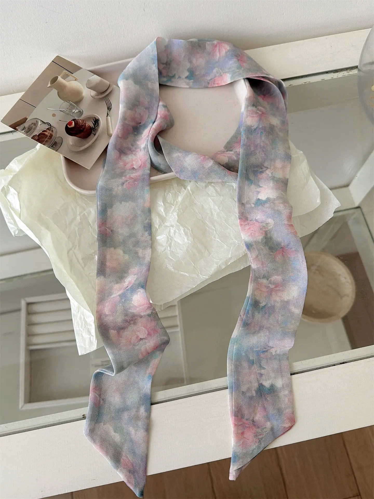 Korean Style Long Floral Plaid Scarf Women's Neck Tied Drifting Band High-End Multi-Functional Scarf Accessory Spring Autumn