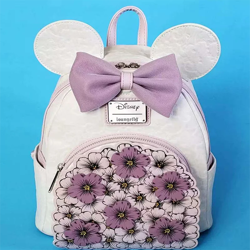 

Loungefly Minnie Mini Backpack Light Purple Bow Flower Pattern Cute Girl's Handbag Cartoon Character Travel Bag