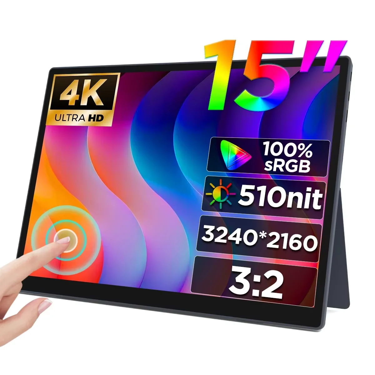 HAILESI Mobiele monitor 15 inch 4K 3240x2160 Touchpaneel 3:2 Schermbeschermverhouding Hoge helderheid 450 nits IPS Gamut HDR Ultradun