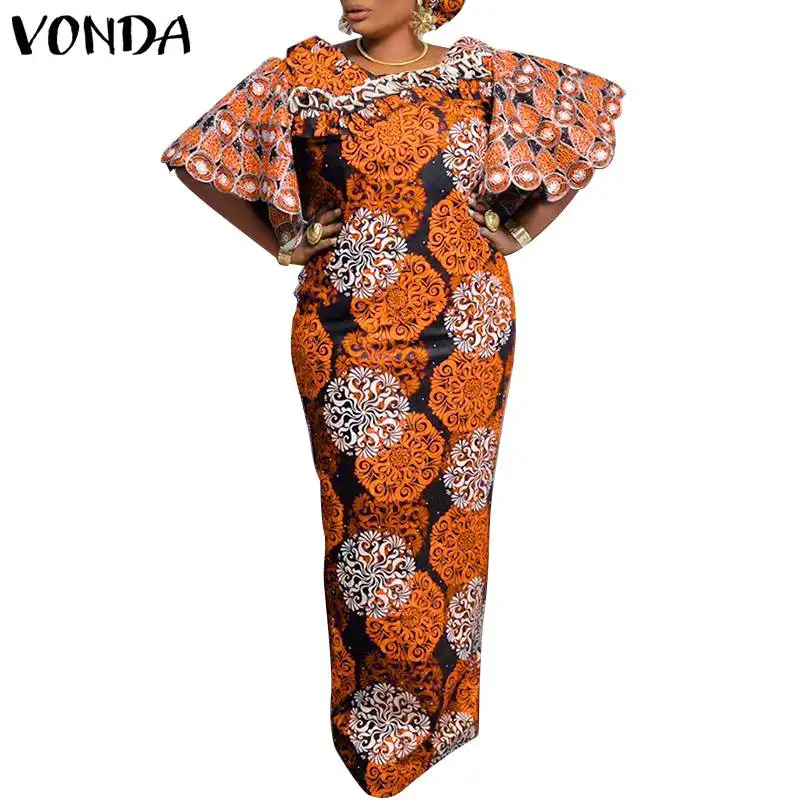 VONDA-Robe de soirée à manches évasées pour femmes, robe d\'été maxi vintage, robe imprimée élégante, robe bohème à col rond, 2023