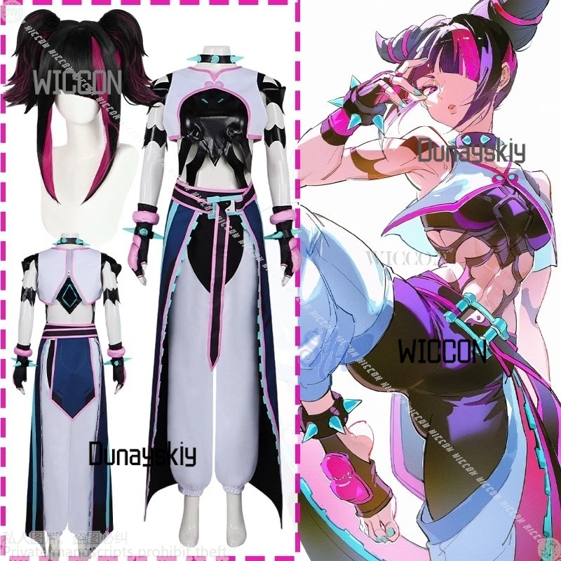 Disfraz de Anime Owww Crossover Street Cos Fighte, disfraz de Hann Juri, lencería Sexy, uniforme de batalla rosa y azul, pelucas Y2K para Halloween