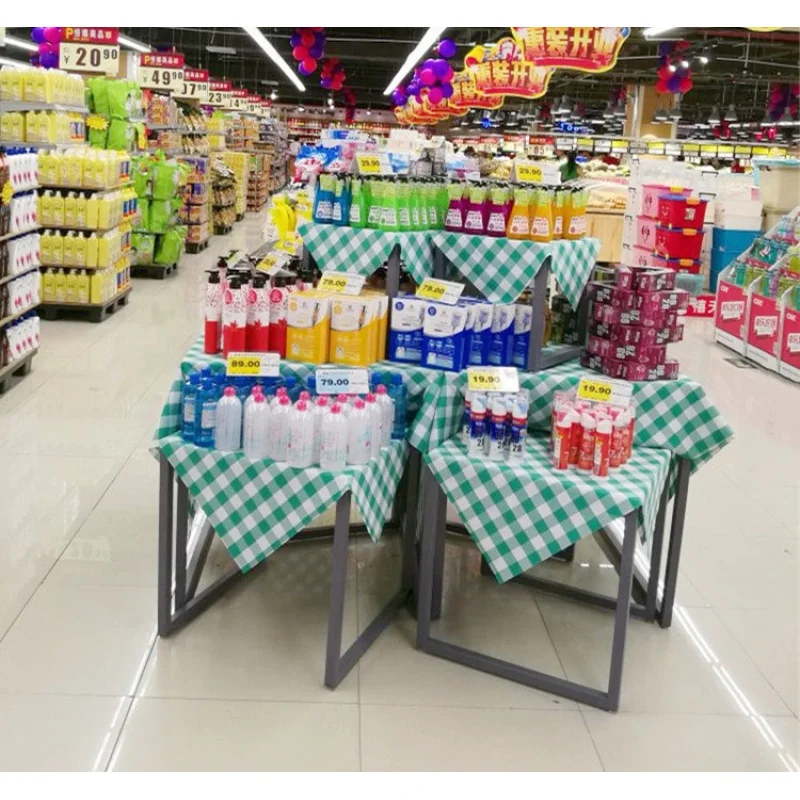 custom.Supermarket Promotion Custom Metal Wood Display Rack Stand Shelf Light Duty Use Milk Wine & Snack Food Beverages