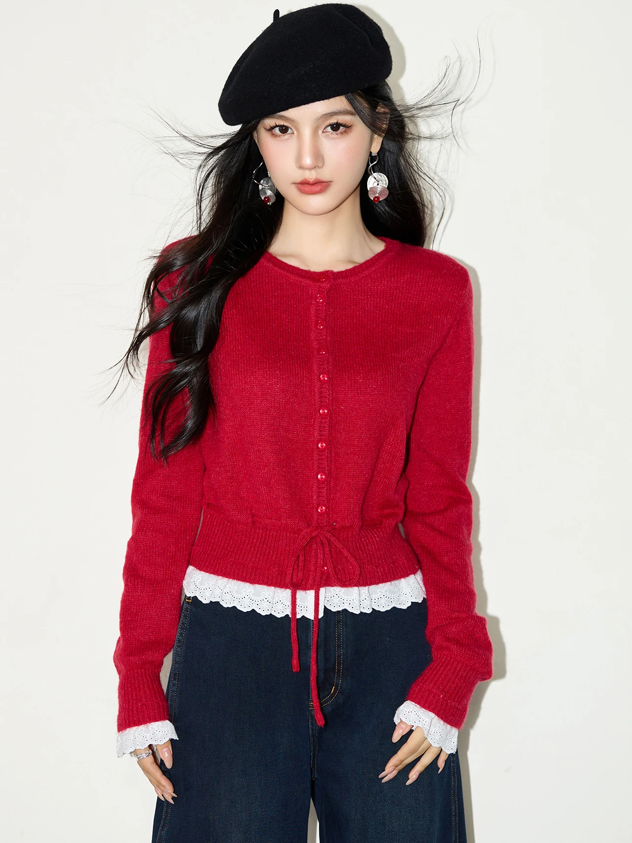 Round Neck Red Knitted Cardigan Women's Spring Autumn Outerwear awl Coat Long Sve ort Length Button Closure Waist Tie Top