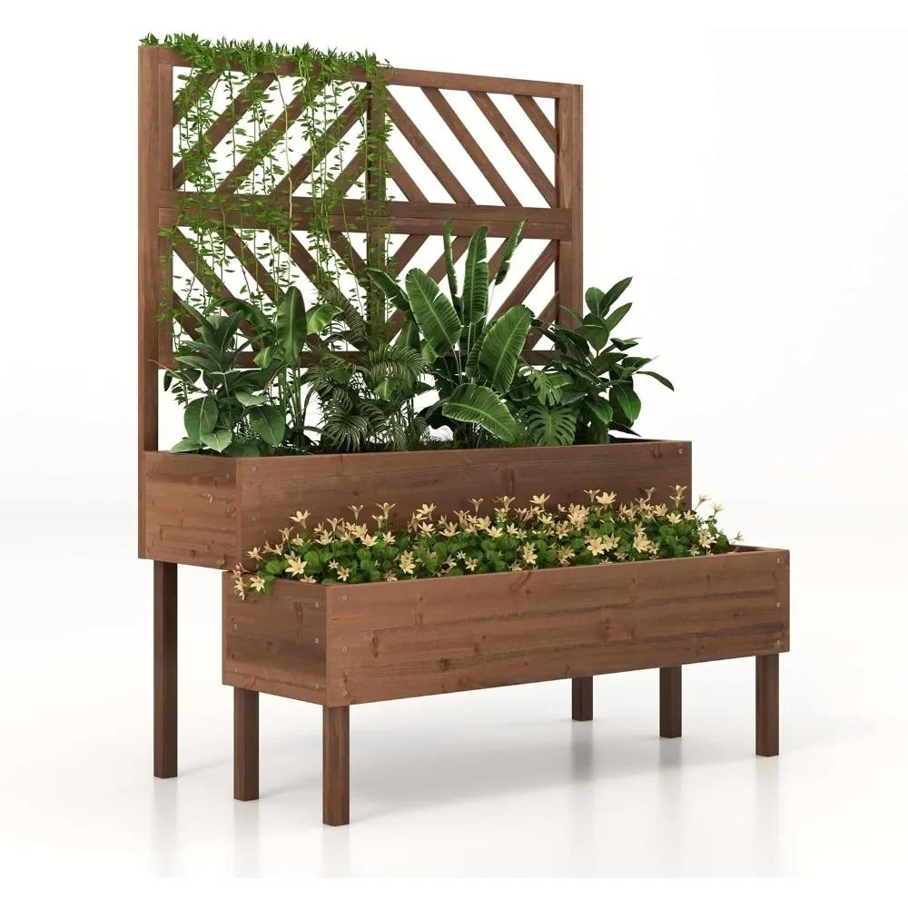 

Raised Garden Bed with Trellis, 2-Tier Wood Planter Box with Freestanding Legs & Drainage Holes, Outdoor Raised Garden Bed for C