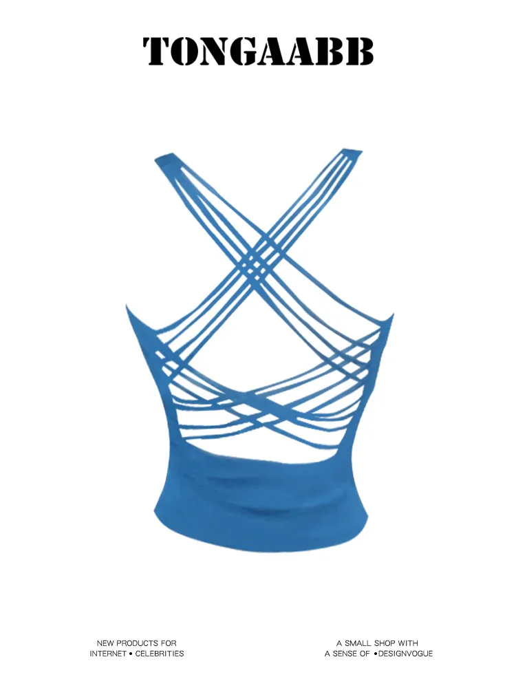 

Женский синий укороченный топ, винтажный топ Y2k, модный топ без рукавов с открытыми плечами, ажурный корсет, модная одежда 2000-х годов, лето 2023 г.