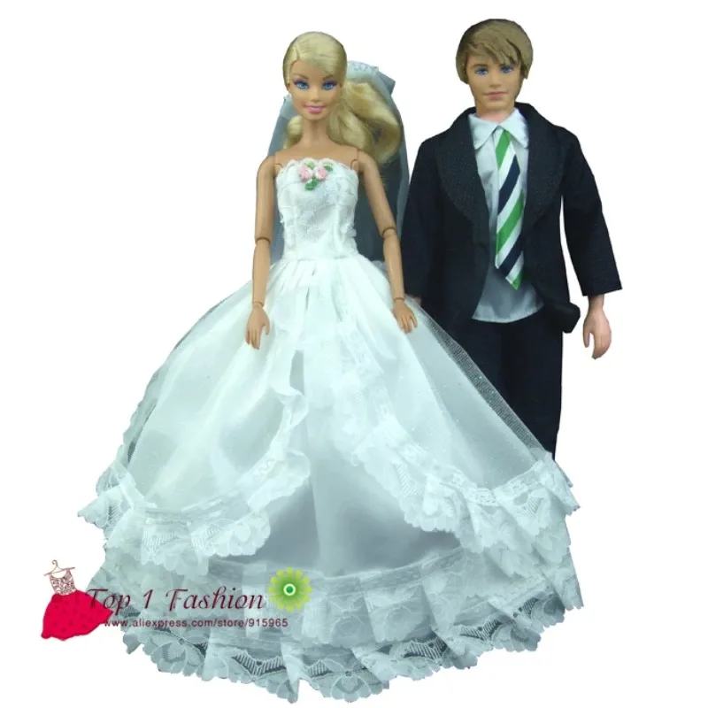 2 Sets = White Lace Bride Wedding Dress with Veil for Barbie Doll + Suit Clothes for Ken Doll