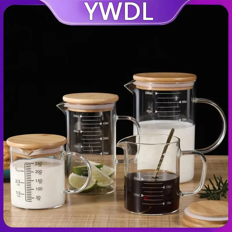 YWDL 250-1000ml Food Grade Glass Measuring Cups Kettle Kitchen Milk Tea with Lid and Handle Laboratory Beaker Measuring Mug