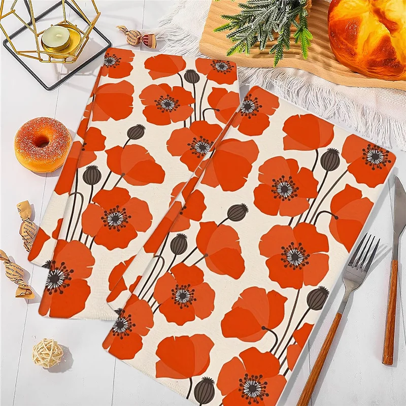 2Pcs, Vintage Poppy Flower Kitchen Towels, Super Absorbent Soft Cleaning Cloth, Cooking and Baking Tea Towels, Tea Towels, Hand Towels, Cleaning Cloths, Dishcloths, Kitchen Decoration, Living Room Decorations, Kitchen Essentials, Home Essentials