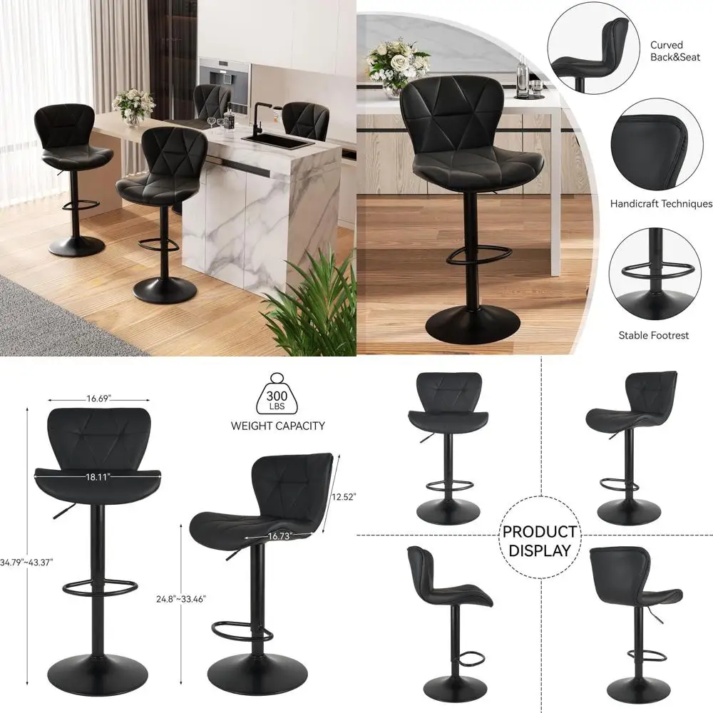 

Set of 4 Adjustable Leather Swivel Bar Stools, Counter Height Chairs with Back Support, Black