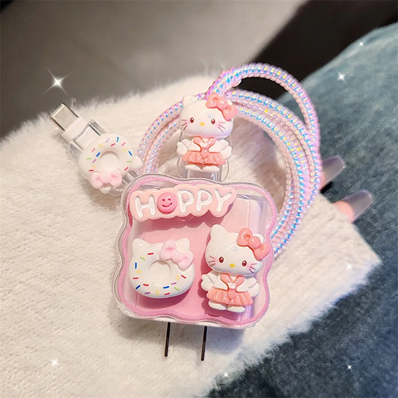 Cute Hello Kitty Charger Cable Protector Case For iPhone 15 14 11 12 18w 20w Charging Head Protective Cover Winder Accessories