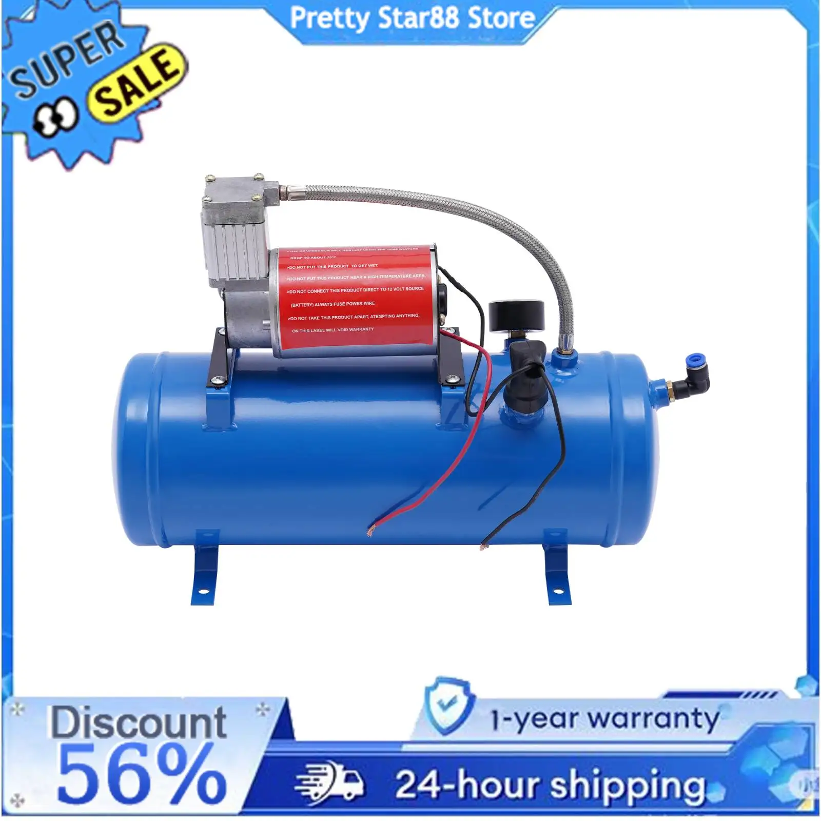 

Air Compressor Electric Low Noise 6L Blue Tank 100PSI Universal Air Tire Pump for Auto Engines and Boats